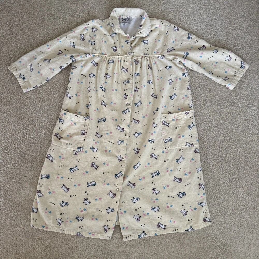 Vtg Anthony Richards Night Gown Cotton Flannel House Dress 3/4 Sleeve Snap Up